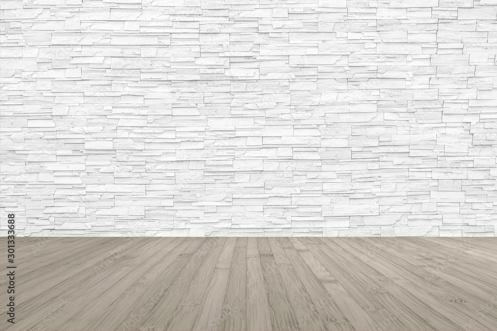 Limestone rock tile wall backdrop in white grey color with wooden floor in sepia brown