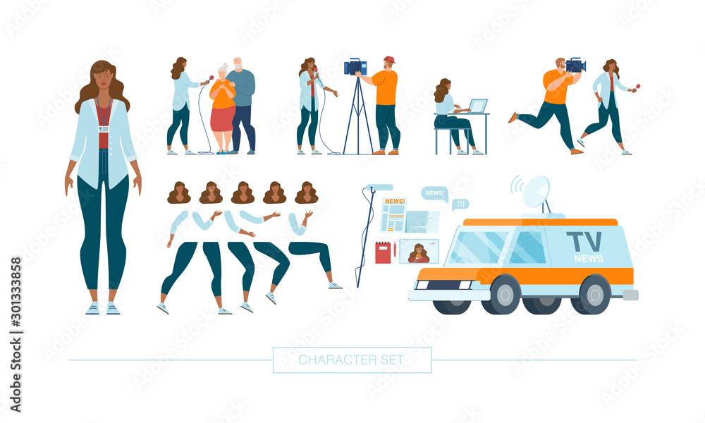Female Journalist Character Constructor Vector Set Female Journalist Character Constructor Vector Set