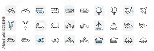 Set of Public Transport Related Vector Line Icons. Contains such Icons as Bus, Bike, Scooter, Car, balloon, Truck, Tram, Trolley, Sailboat, powerboat, Airplane and more. Editable Stroke. 32x32 Pixel