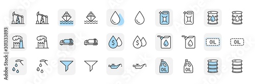Set of Oil Related Vector Line Icons. Contains such Icons as Fuel Truck, Gas Station, Oil Factory, Transportation and more. Editable Stroke. 32x32 Pixel Perfect.
