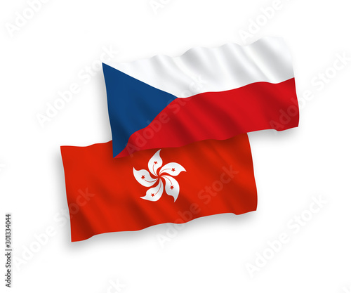 National vector fabric wave flags of Czech Republic and Hong Kong isolated on white background. 1 to 2 proportion.