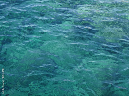 Water surface of mediterran sea. Sea floor visible through waves. Concept of clean water.