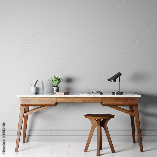 mock up empty wall in modern interior background, wooden office, 3D render, 3D illustration photo