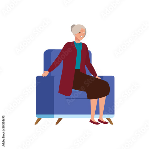 old woman sitting in sofa avatar character vector illustration design