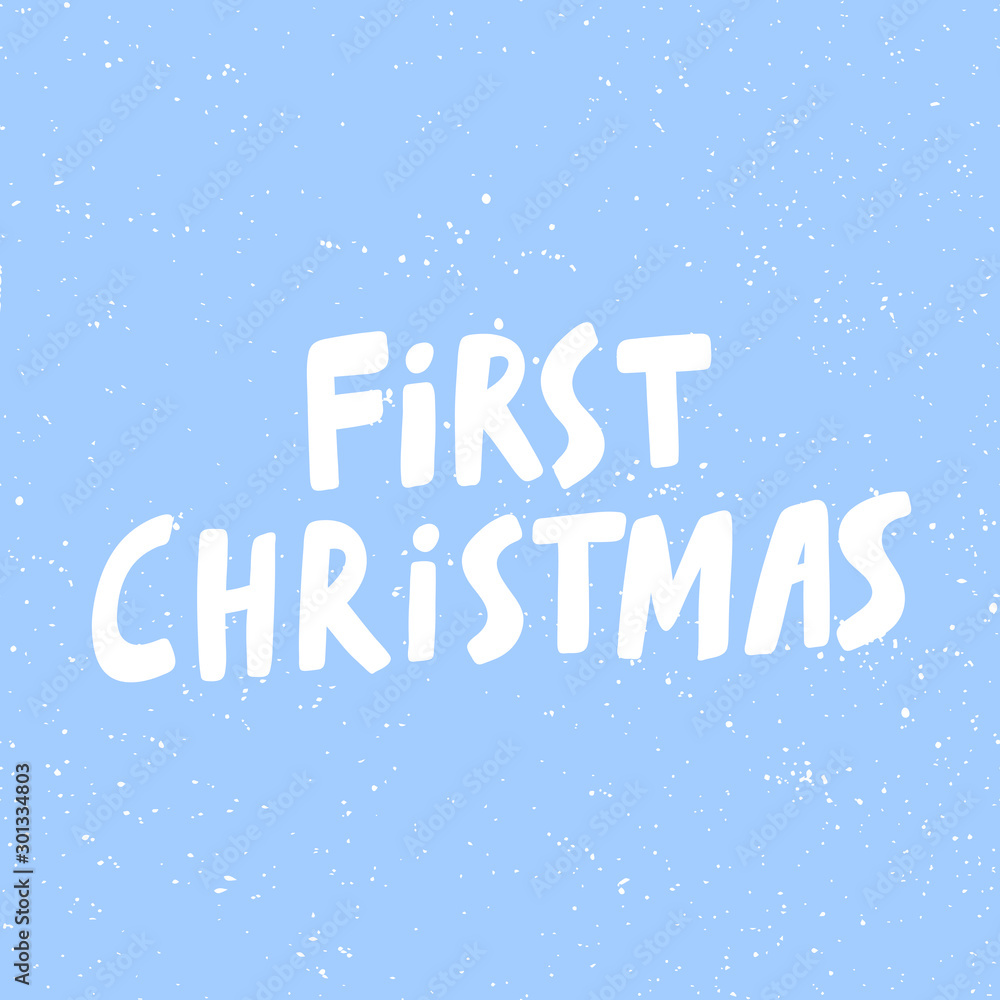 First Christmas. Xmas and happy New Year vector hand drawn illustration banner with cartoon comic lettering. 