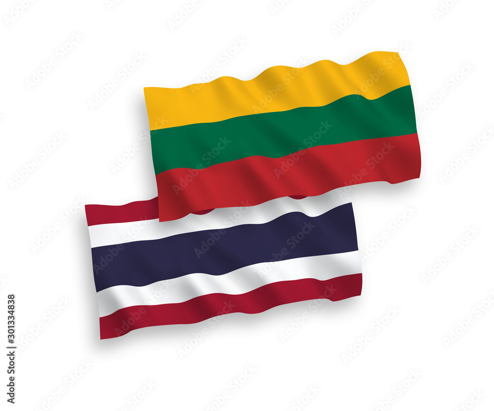 National vector fabric wave flags of Lithuania and Thailand isolated on white background. 1 to 2 proportion. National vector fabric wave flags of Lithuania and Thailand isolated on white background. 1 to 2 proportion.