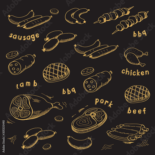 Hand drawn sketch meat products set on black background. Beef steak, ham, pork fillet, lamb collection