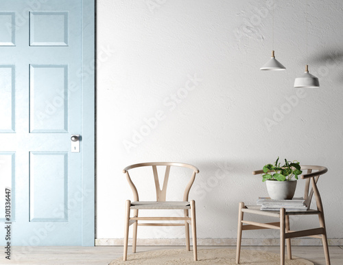 Mock -Up Blank Wall In Modern Interior background, wooden chair in Scandinavian Style, bright living Room design, 3D Render, 3D Illustration 