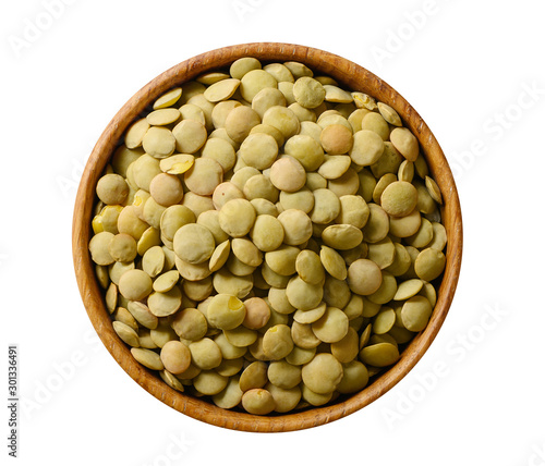 Bowl of green lentil isolated on white background photo