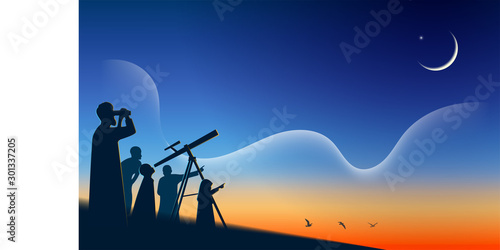 Muslim searches at sky with binocular for the new moon (hilal) that signals the start of the Islamic holy month of Ramadan, Muharram (Hajj Mabrour and Eid Mubrak), Dhu AL-Qi’dha etc. on top of moutain