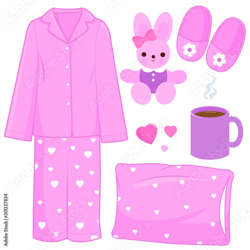 Collection of children pajamas and sleep time objects. Vector illustration set