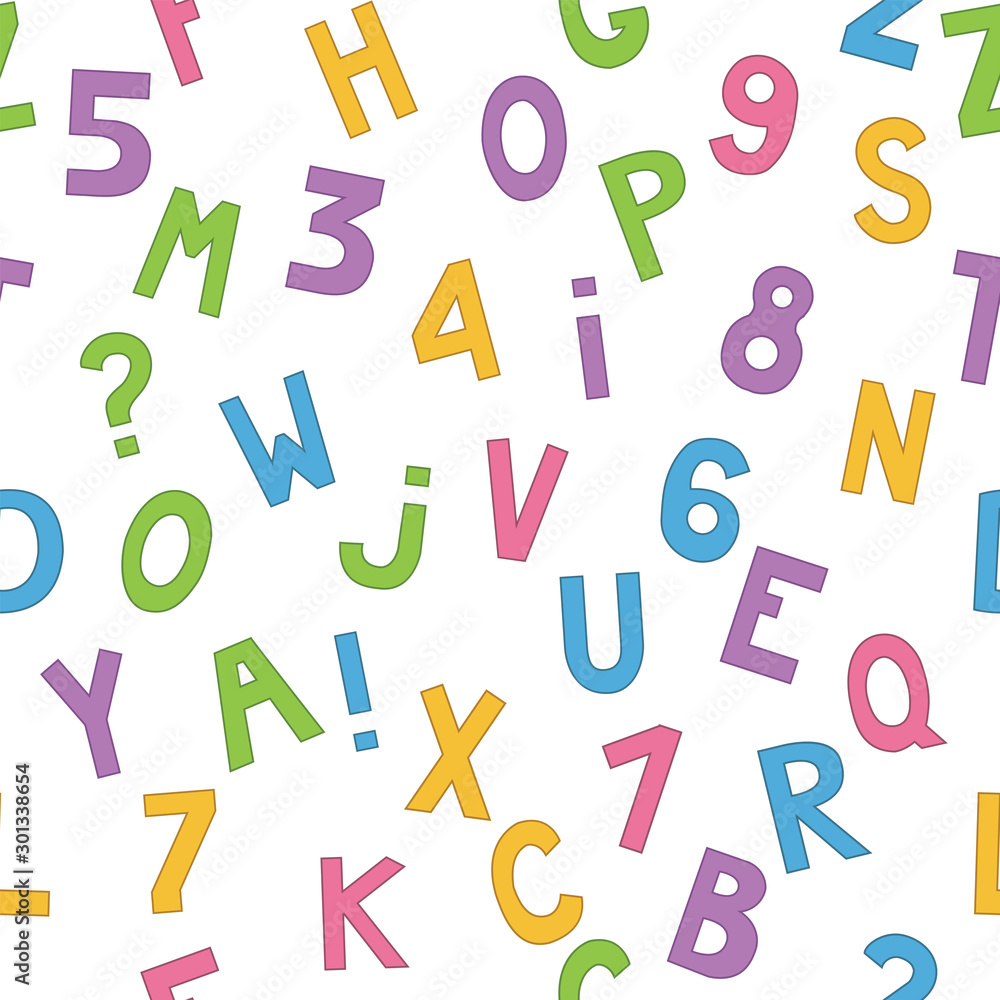 Seamless pattern with cartoon letters and numbers. Vector Seamless pattern with cartoon letters and numbers. Vector