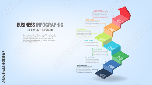 Infographics business template 3D stairs with arrow 7 steps for Presentation, Sale forecast, Web design, improvement, Step by Step