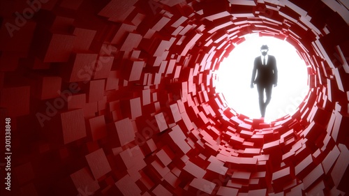 Hacker entering a red cubic tunnel cybersecurity concept