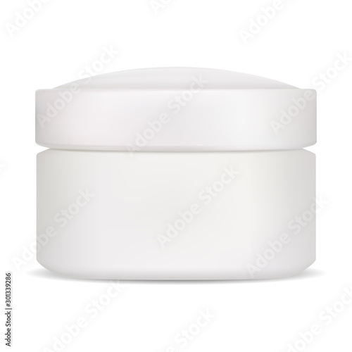 Cosmetic jar. Cream packaging blank isolated. Vector plastic pot front view. Scrub, lotion or butter container mockup template. Empty creme or powder package for brand. Skin care gel tube