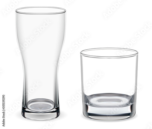 Beer, whiskey glass. Isolated goblet mockup. Realistic 3d alcohol drink glassware for rum, brandy, ale, stout. Fragile cup mock up for pub or restaurant. Tall crystal transparent blank