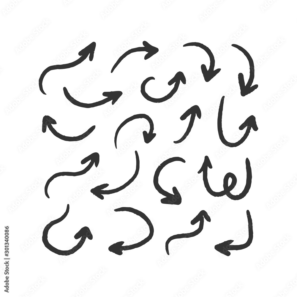 Set, collection of grey grunge doodle, hand drawn arrows isolated on white background. Set, collection of grey grunge doodle, hand drawn arrows isolated on white background.