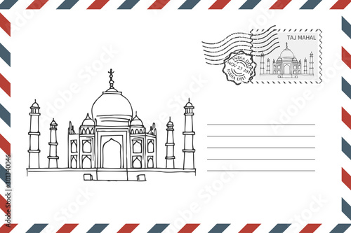 Envelope with hand drawn Taj Mahal in India