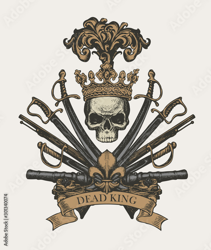 Vector heraldic Coat of arms in vintage style with human skull in crown, sabers, swords, cannons and ribbon. A medieval heraldry, royal emblem, sign, symbol. Old hand-drawn image.