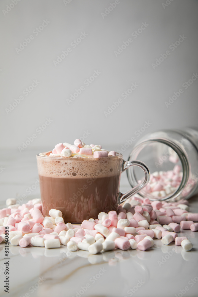 Heiße, dunkle Trinkschokolade mit Sahne und Marshmellows auf Marmor hell Hintergrund Heiße, dunkle Trinkschokolade mit Sahne und Marshmellows auf Marmor hell Hintergrund