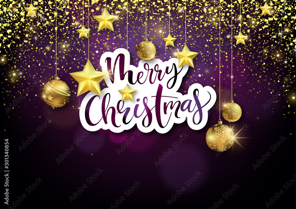 Merry Christmas Background with  Golden Decoration, Hand Lettering, Hanging Golden Ornaments and Golden Confetti with Golden Glitter - Vector