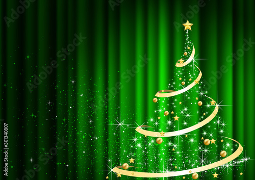 Abstract Christmas tree in Front of Green Curtain - Modern Festive Illustrati...