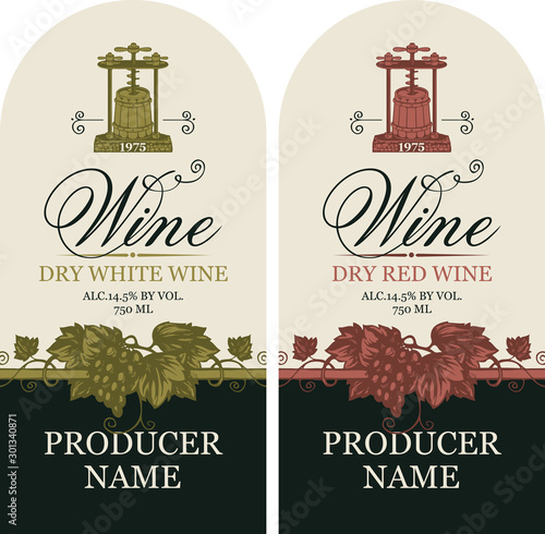 Vector set of two labels for wine with hand-drawn bunches of grape, wine press and calligraphic inscription in retro style