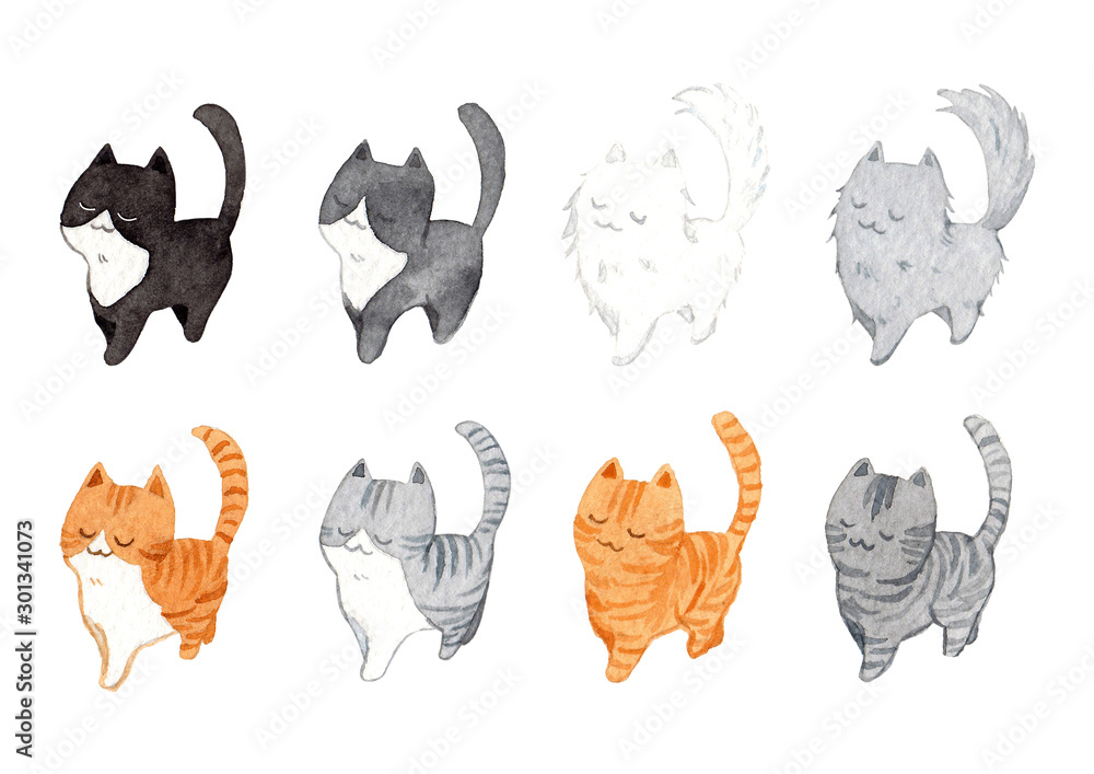 Set of cute cats in the same pose. Watercolor hand painting illustration on a white background. Design for decoration in pet artwork advertising. - obrazy, fototapety, plakaty 