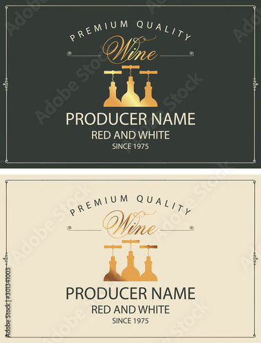 Set of two vector labels for red and white wine with golden bottles, corkscrews and calligraphic inscriptions in retro style