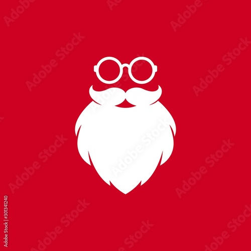 Santa claus face silhouette with beard and glasses isolated on red background.