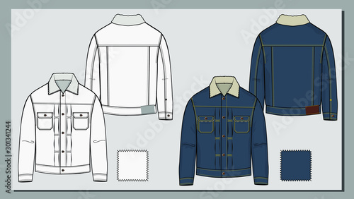 Denim jacket sketch vector draw. Padded jeans jacket mid blue washed. Four pockets winter jacket.