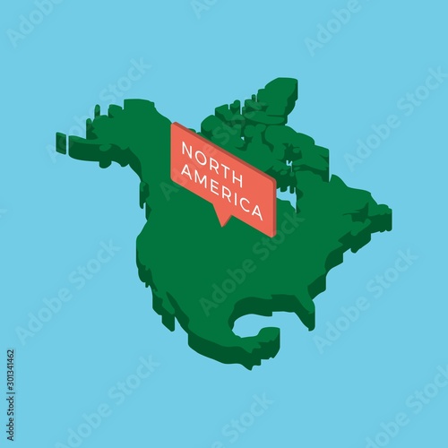 isometric map of north america continent with pointer on blue background. realistic 3d vector concept map easy to edit and customize. eps 10