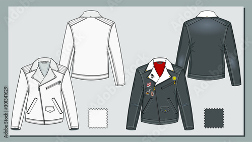 Biker perfecto jacket sketch. Kids jacket. Padded biker jacket in black denim and red lining. Fur collar winter jacket. Fashion flat illustration.