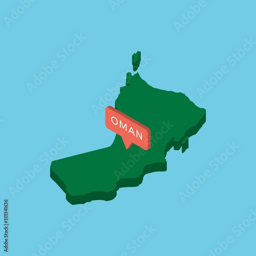 green isometric map of country oman with pointer on blue background. realistic 3d vector concept map easy to edit and customize. eps 10