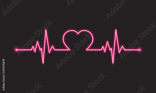 Neon pink heartbeat line with shape of heart. Beautiful healthy electrocardiogram or ECG. One pulse line. 