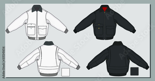 Aviator flying jacket sketch. Leather jacket. Padded biker jacket in black leather and red lining. Fur collar winter jacket. Fashion flat illustration.	