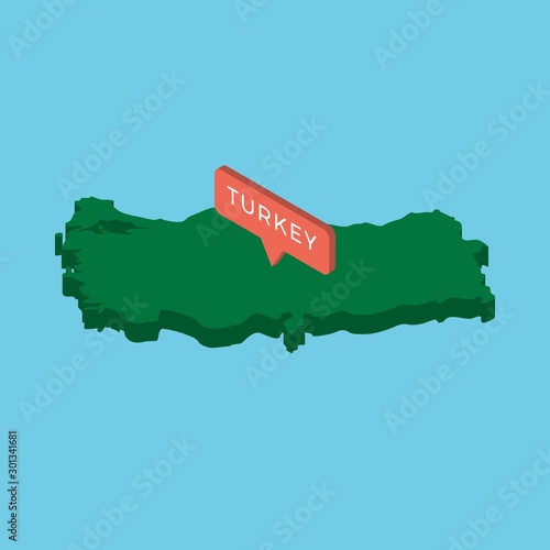 green isometric map of country turkey with pointer on blue background. realistic 3d vector concept map easy to edit and customize. eps 10
