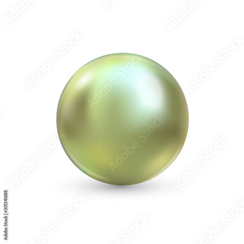 Vector illustration of single shiny natural green sea oyster pearl with light effects isolated on white background. Beautiful 3D shining realistic pearl for luxury accessories.