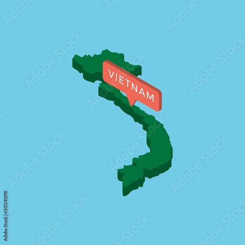 green isometric map of country vietnam with pointer on blue background. realistic 3d vector concept map easy to edit and customize. eps 10