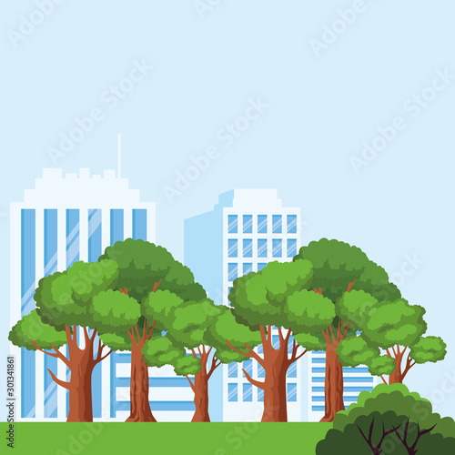 trees and city buildings over blue background, colorful design