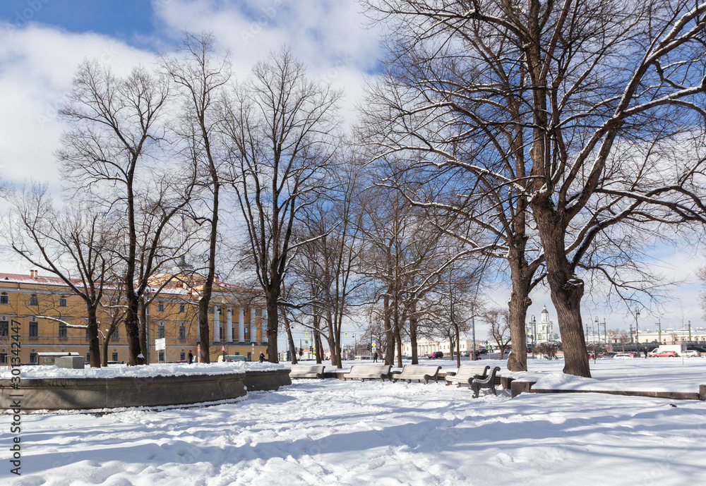Beautiful winter landscape with snow-white trees, architecture at frosty snow winter day, St Petersburg, Russia.