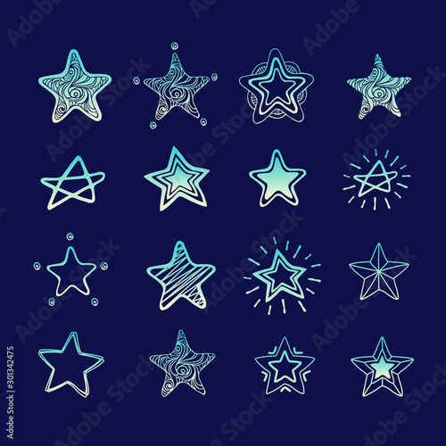 Collection of sixteen hand drawing pen and ink stars  vector illustration