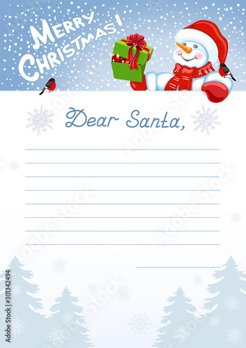 Layout  letter to Santa Claus with wish list and funny Snowman with Christmas gift box and bullfinch