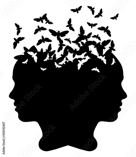 Black silhouette of a girl with moth