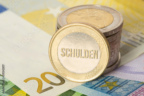 Tableau sur toile Euro Geld, Münze und Schulden