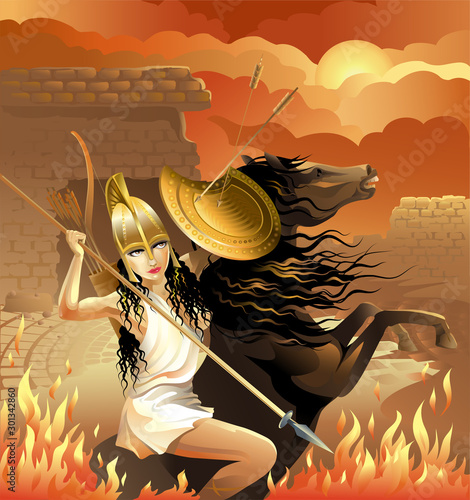 Beautiful Woman Amazon on horseback in the struggle for women's emancipation on the background of the fire, the blazing glow of the sky and the ancient ruins of old time History. Vector illustration.
