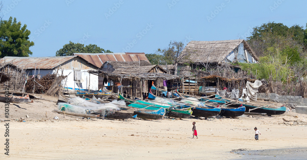 Ifaty, Madagascar on august 2, 2019 - Fishing boats on the beach on Madagascar, Ifaty