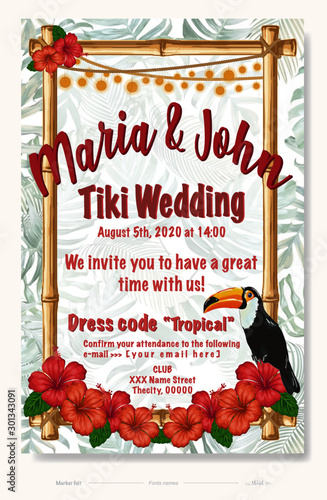 Tiki tropical Hawaiian wedding party invitation card with flowers, bamboo and toucan.	