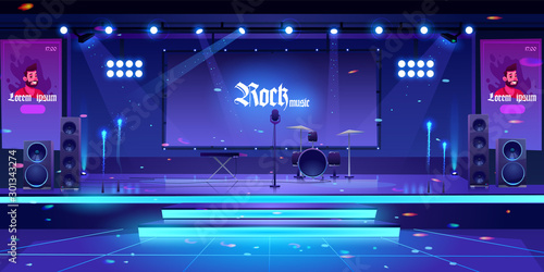 Stage with rock music instruments, popular singer banners, equipment and illumination, empty scene interior with drums, synthesizer, microphone, dynamics lights and screen. Cartoon vector illustration