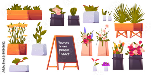 Flower shop set, potted plants and bonsai isolated on white background, floristic store interior items with blossom compositions, bouquets for sale and chalkboard Cartoon vector illustration, clip art